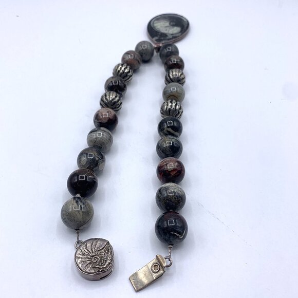 Charles Albert Vintage Orthoceras Fossil Pendant Black & Gray 925 Silver Beaded - Picture 4 of 8